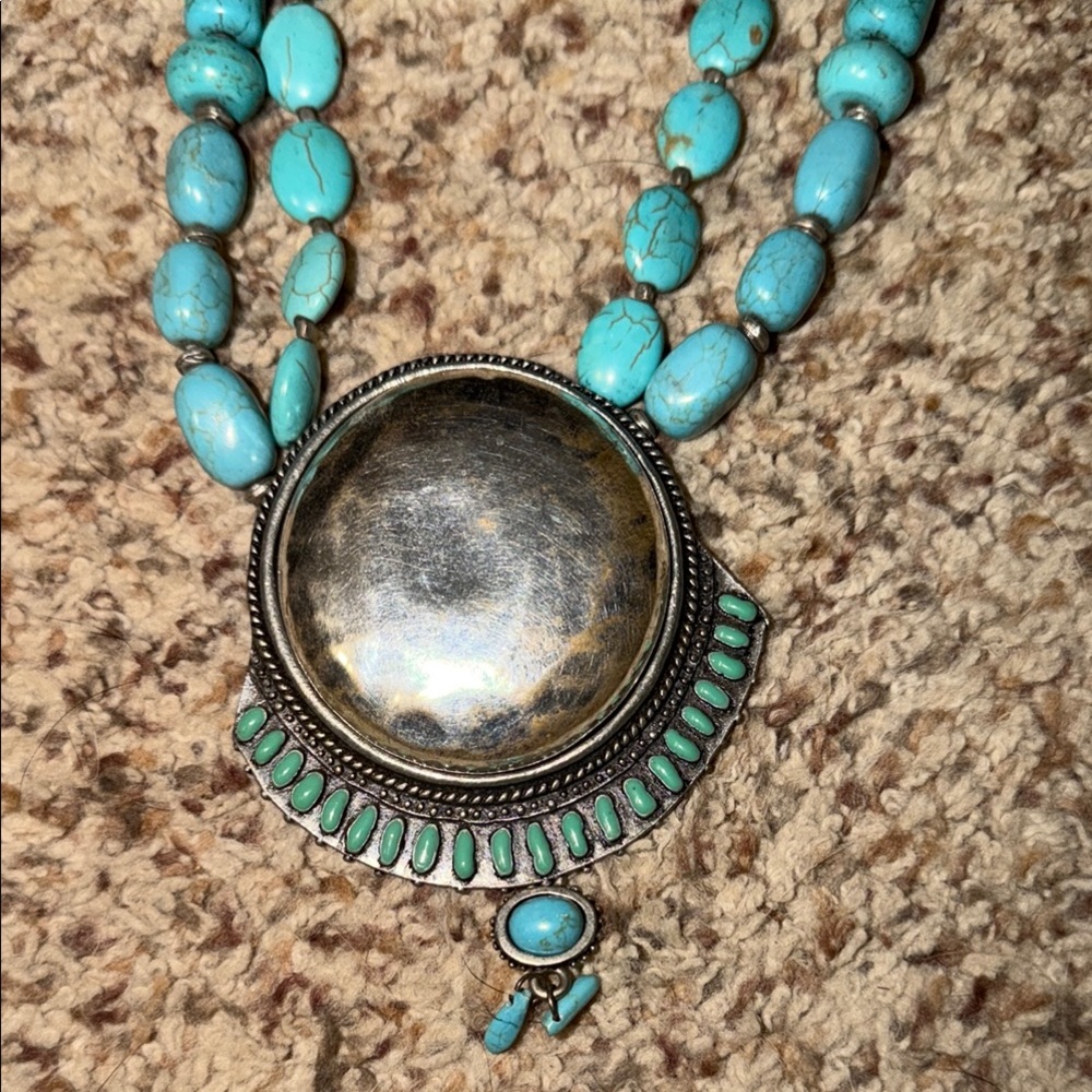 Chicos Turquoise Double-Strand Statement Necklace with Silver Pendant - Picture 2 of 4